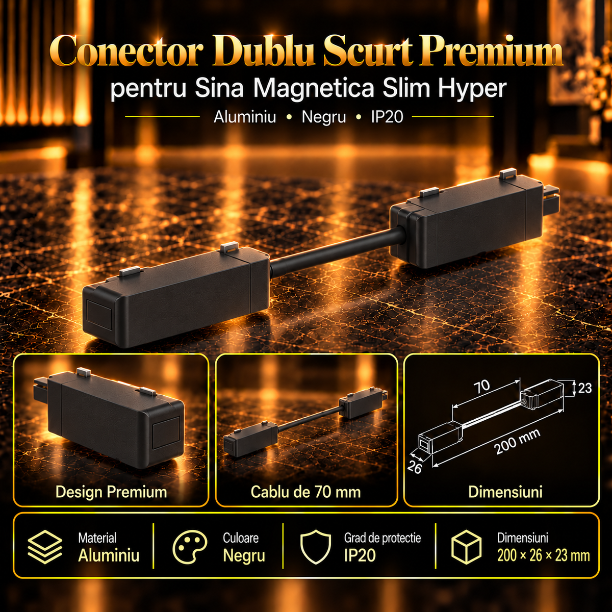 Conector Dublu cu Cablu Scurt Premium Black pentru Sina Magnetica Hyper