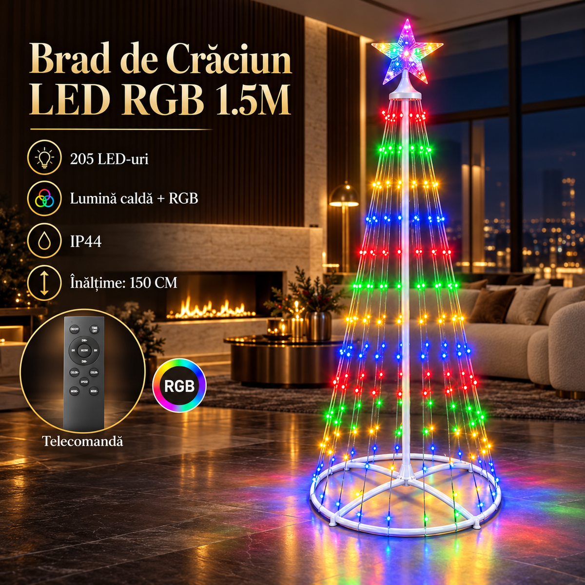 Brad LED RGB de Craciun Alb 150CM | 500lm | Telecomanda | IP44