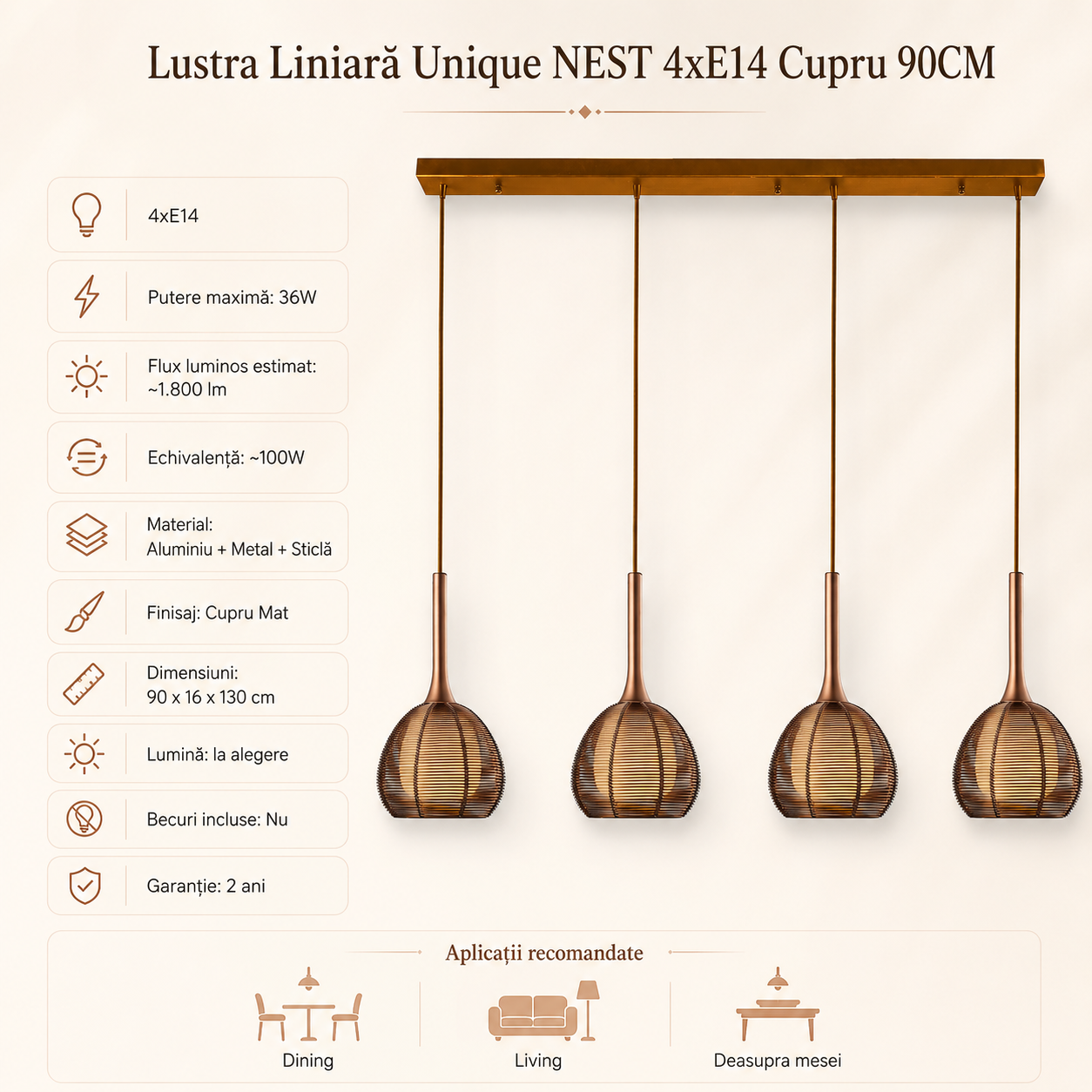 Lustra Liniara Unique Nest 4xE14 Cupru 90CM