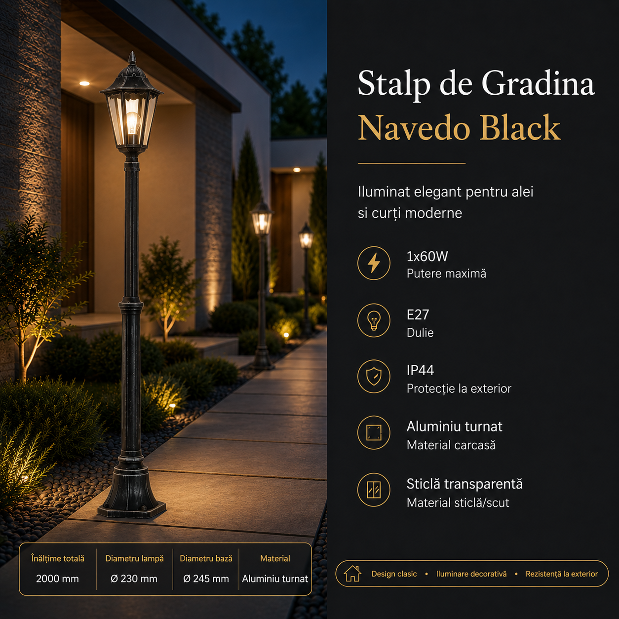 Stalp De Gradina Navedo Tip Felinar Negru 1xE27 200CM