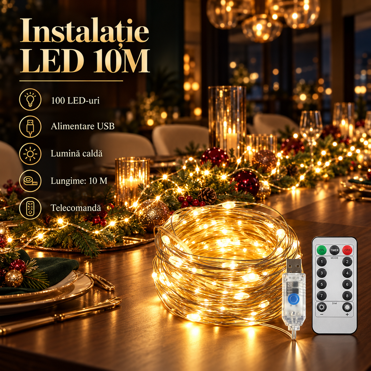 Instalatie LED Liniara 100 LED-uri 10M | 8 Moduri | USB | Telecomanda | 3000K