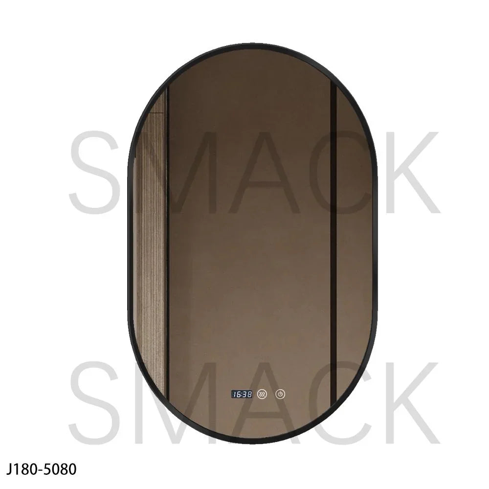 Oglinda LED Ovala 50x80cm Rama Neagra, 3 Lumini, Ceas, Dezaburire si Touch J180