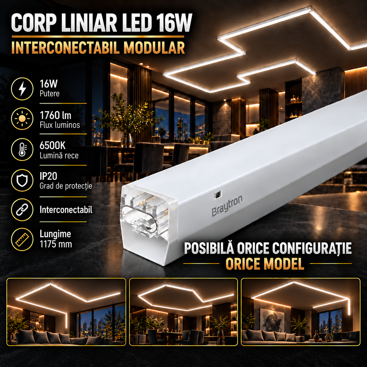 Corp LED Liniar HEGZA 16W Modular Interconectabil 6500K | IP20 | 117CM