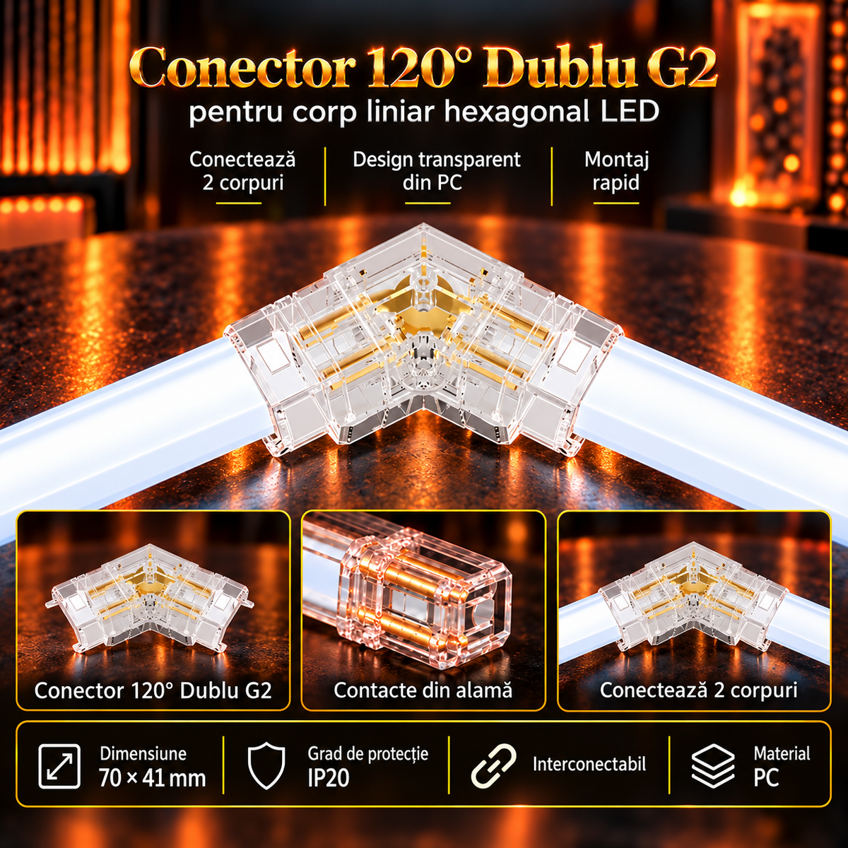 Conector HEGZA G2 120° Forma V pentru 2 x Corp Liniar Hexagonal LED