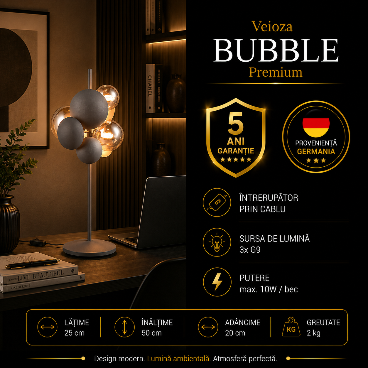 Veioza Premium Bubble Gold & Grey 3xG9 | 50CM