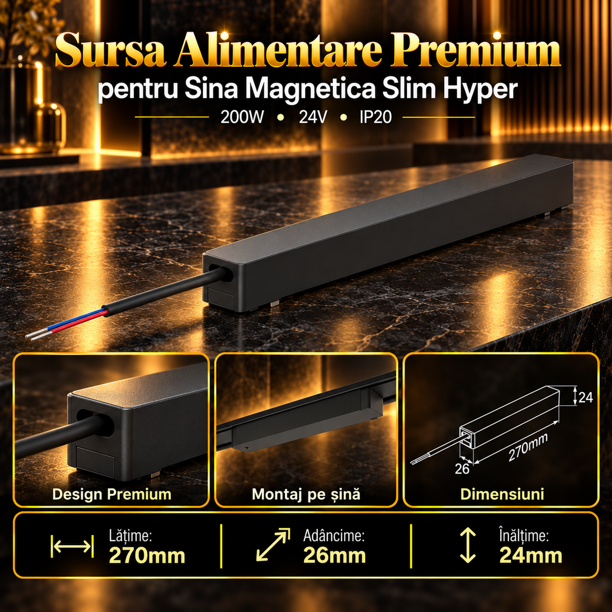 Sursa Alimentare Black Premium pentru Sina Magnetica Hyper 200W | 24V | 27CM