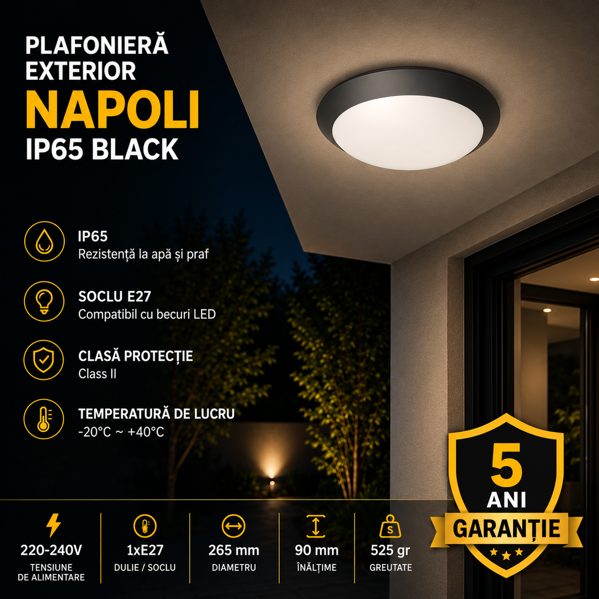 Plafoniera Exterior 1xE27 NAPOLI IP65 Black 5 Ani Garantie
