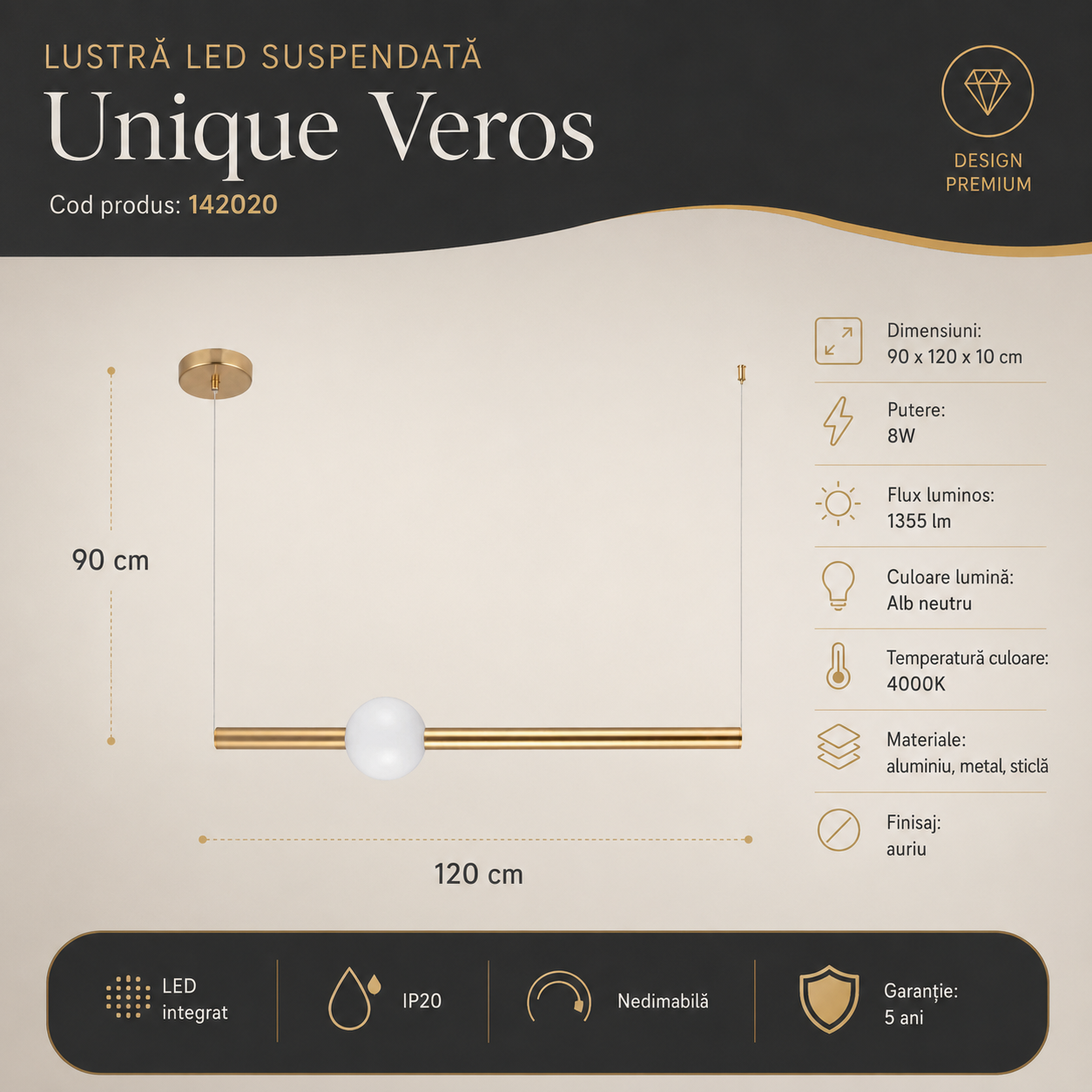 Lustra LED Liniara Unique Veros 8W Gold 120CM Echivalent 75W