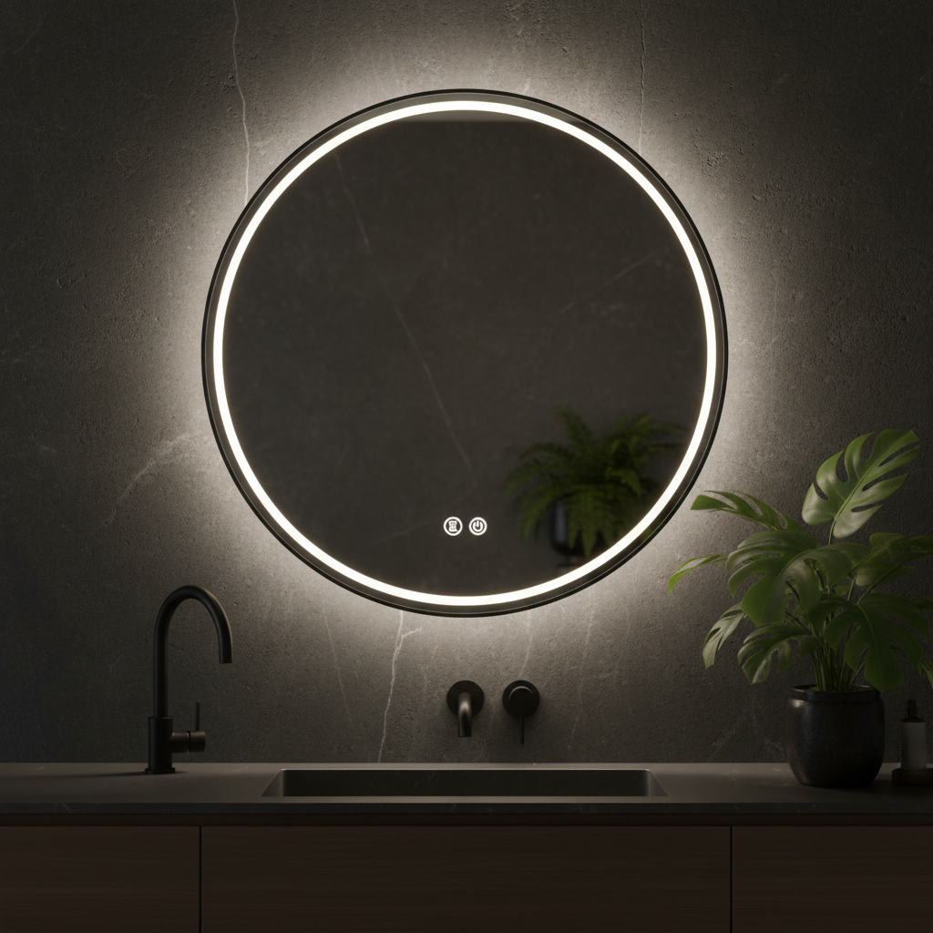 Oglinda LED Rotunda 70cm, 3 Lumini, Dezaburire, DImabila si Touch OD016-Negru