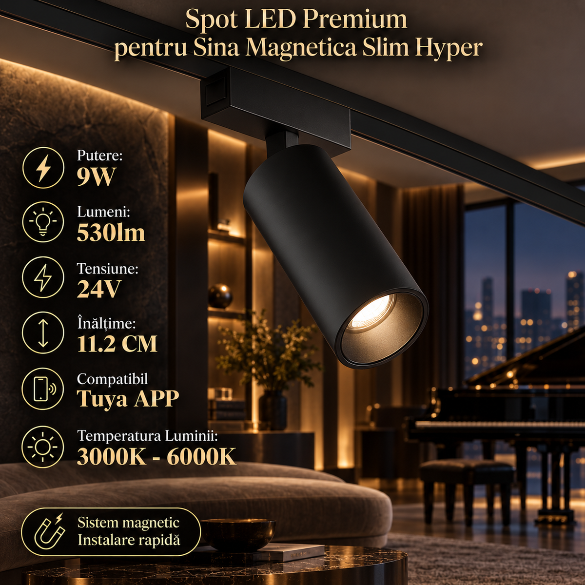 Spot LED Magnetic Rotund Premium Hyper Black 9W | ⌀4.4CM | 24V | 3 Tipuri de Lumina
