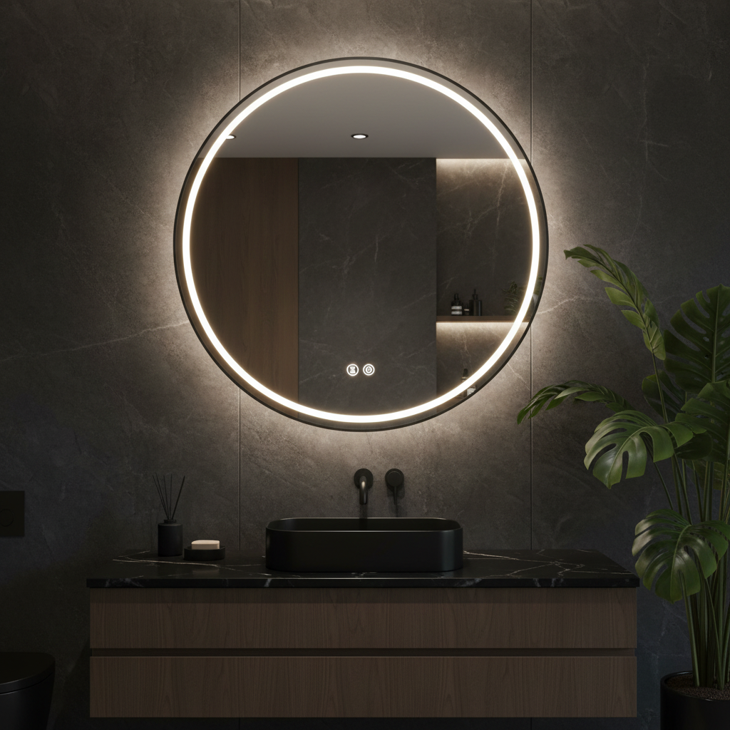 Oglinda LED Rotunda 70cm, 3 Lumini, Dezaburire, DImabila si Touch OD016-Negru