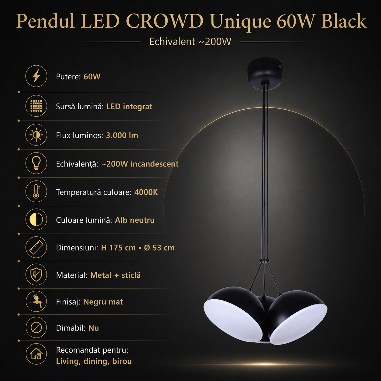Pendul LED CROWD Unique 60W Black Echivalent 200W
