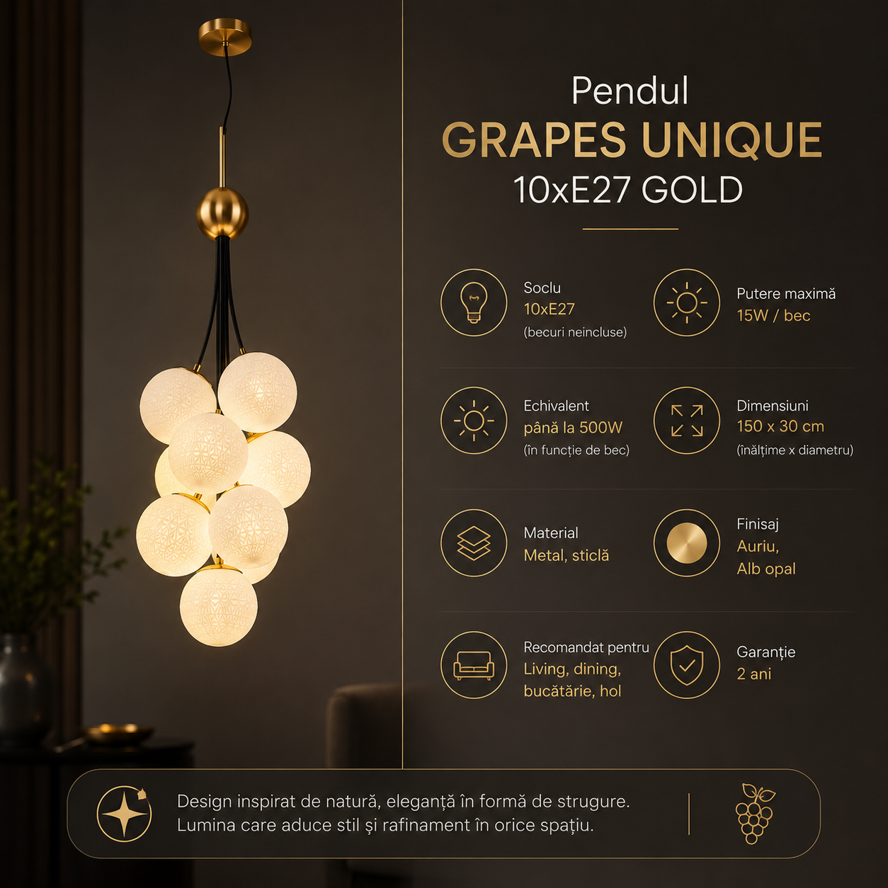 Pendul GRAPES Unique 10xE27 Gold