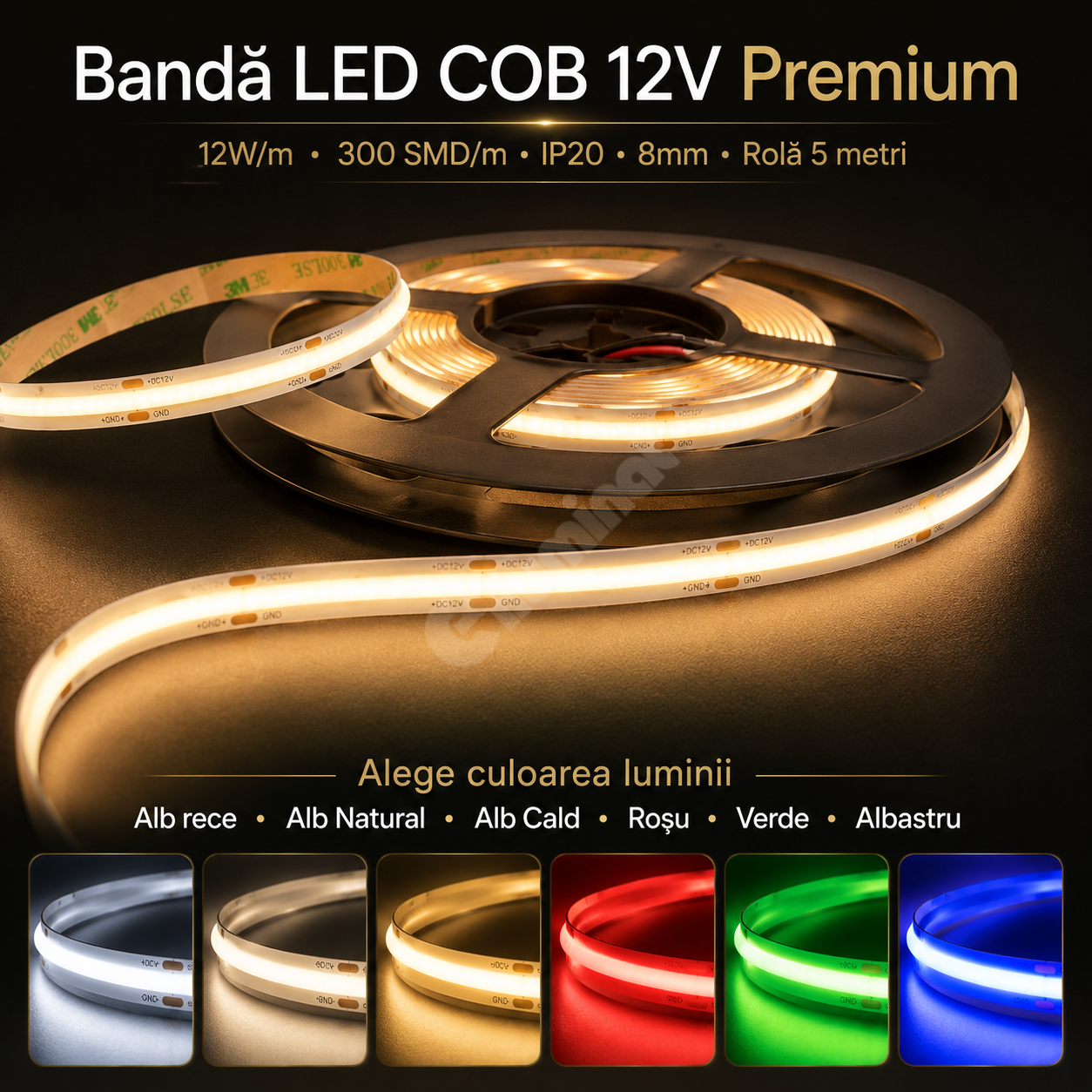 Banda LED 12V COB 12W/m - 300 SMD/m - IP20 - Rola 5 metri