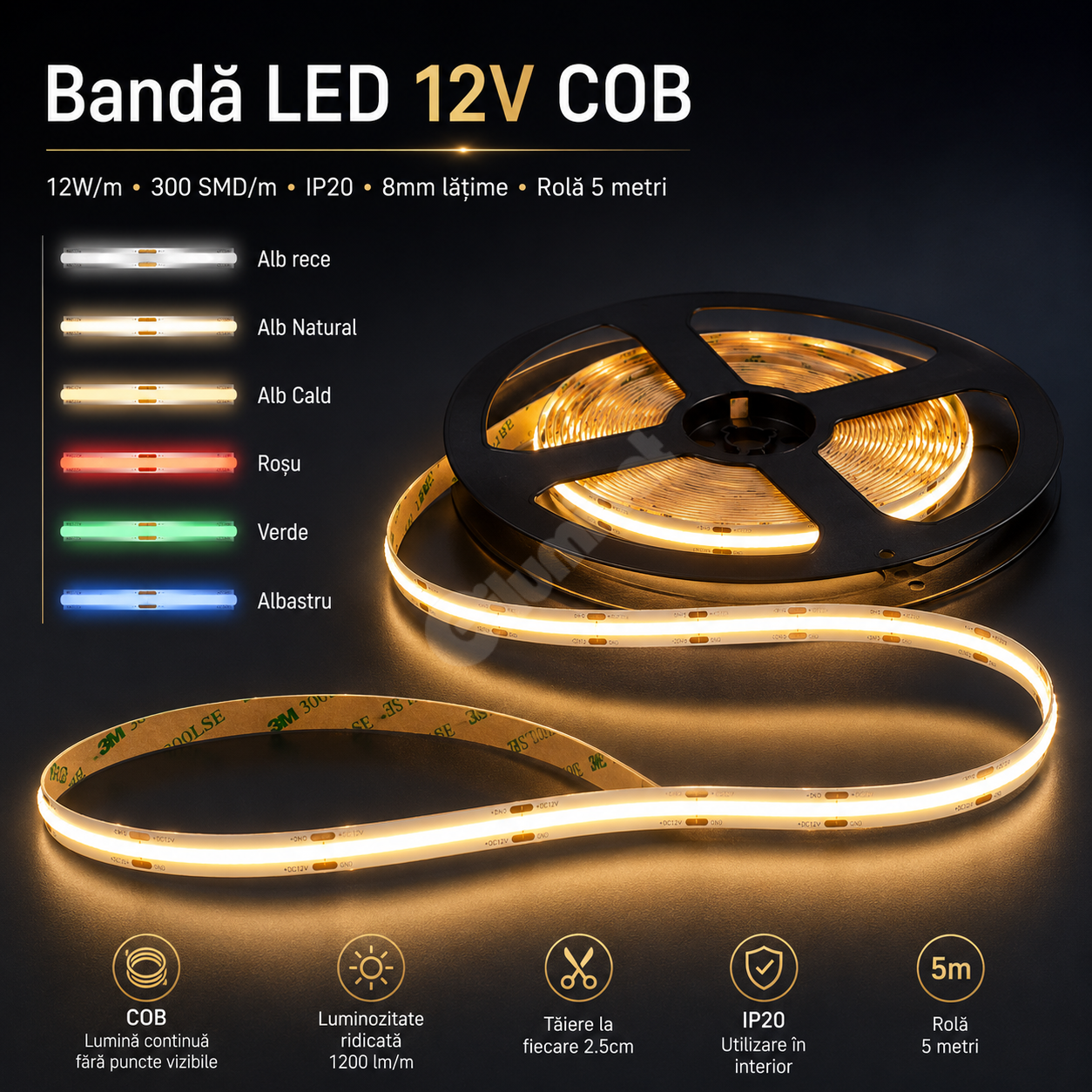 Banda LED 12V COB 12W/m - 300 SMD/m - IP20 - Rola 5 metri