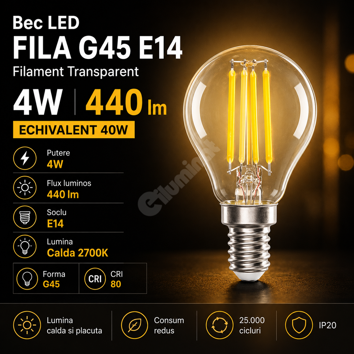 Bec LED E14 G45 4W, 440lm FILA Filament Transparent