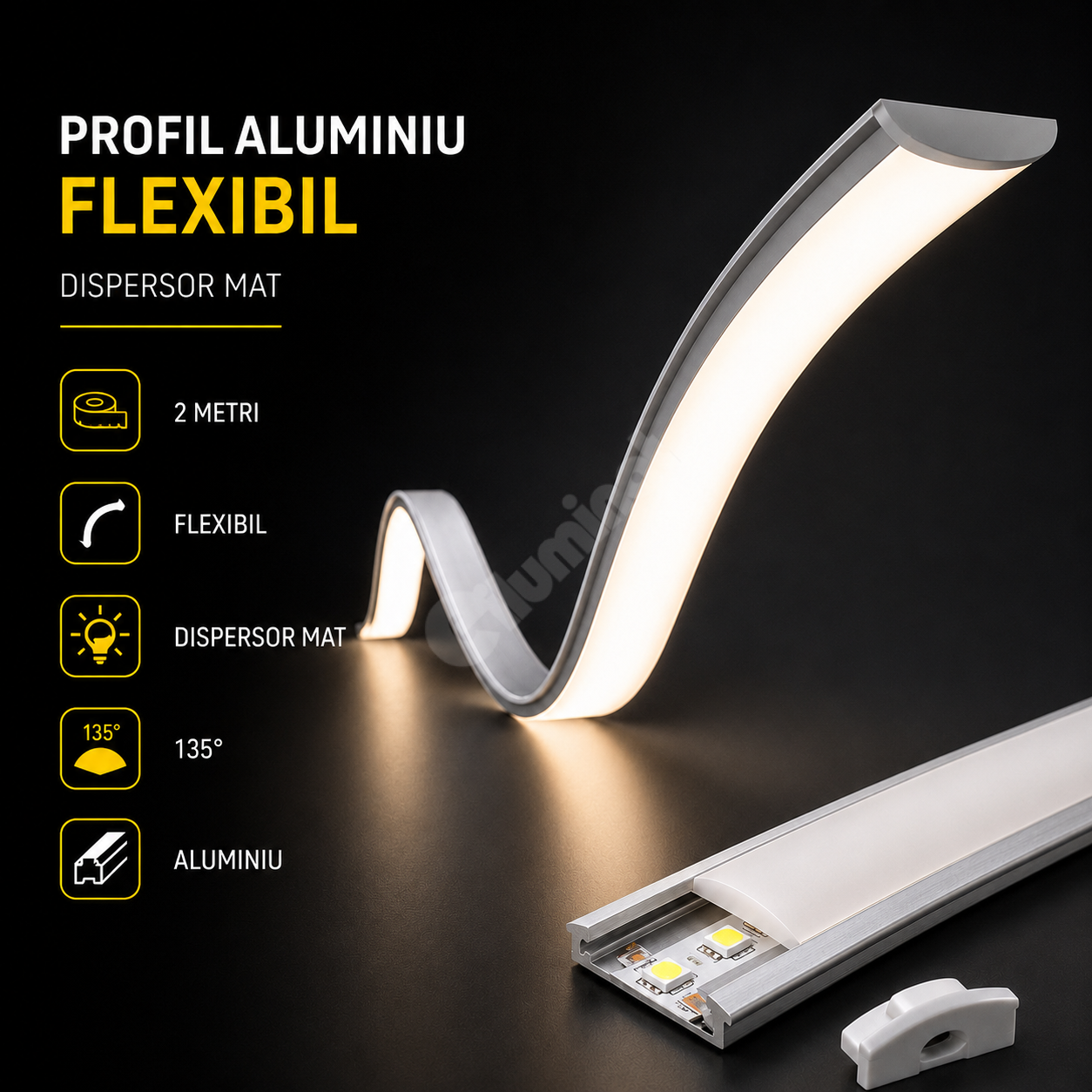 Profil Aluminiu Flexibil Argintiu Dispersor Mat 2 Metri