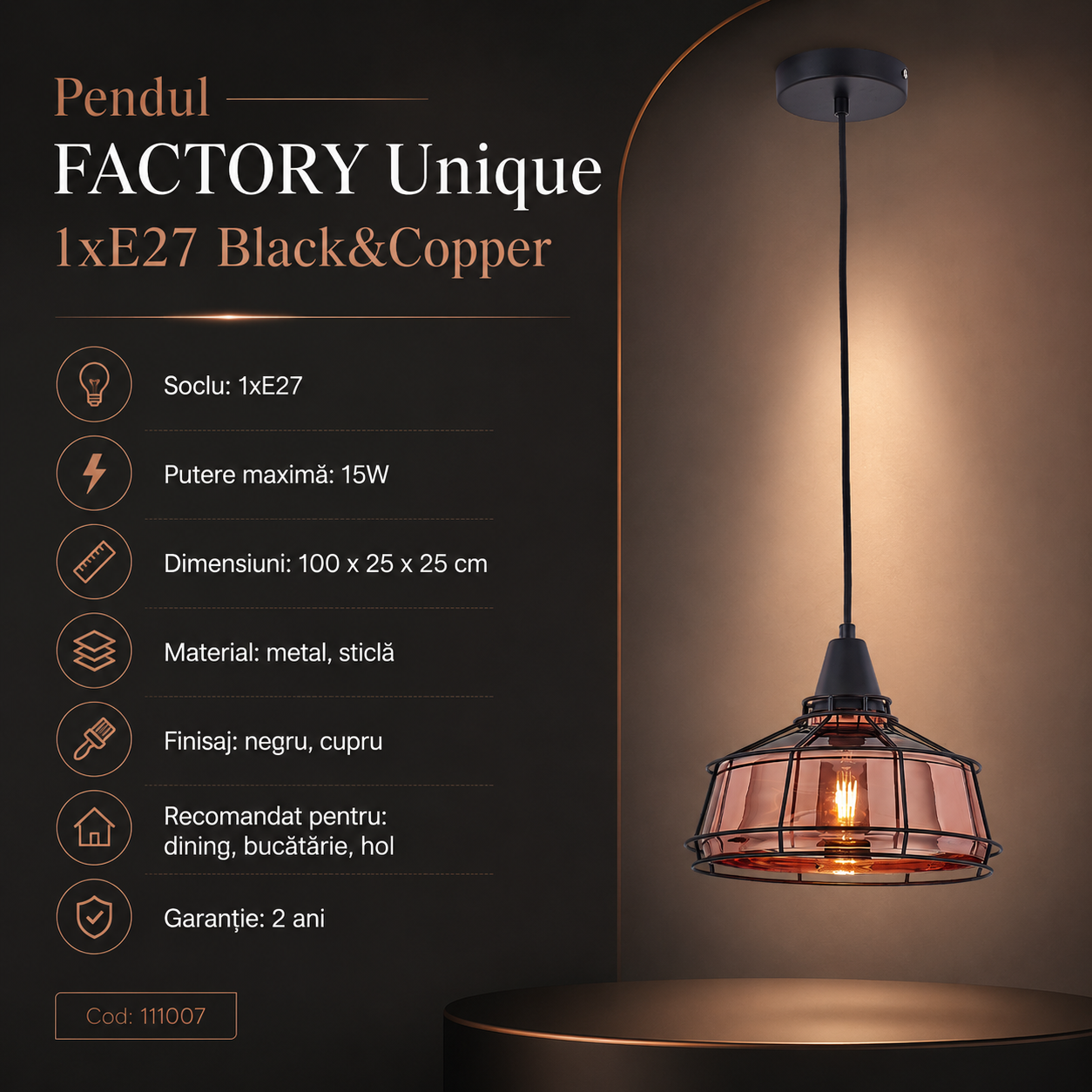 Pendul FACTORY Unique 1xE27 Black&Copper