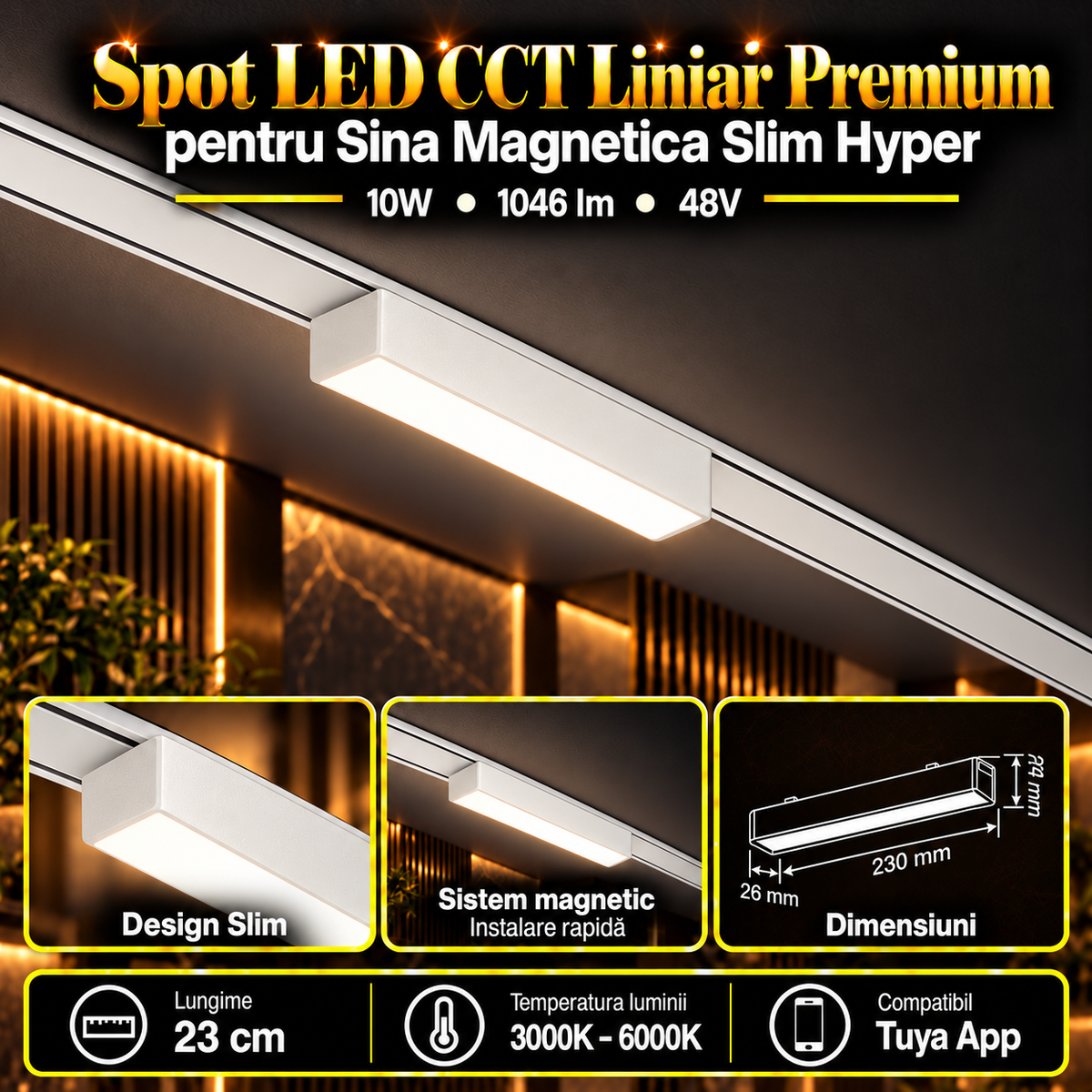 Spot LED Magnetic Liniar Premium Hyper White 10W | 23CM | 48V | 3 Tipuri de Lumina