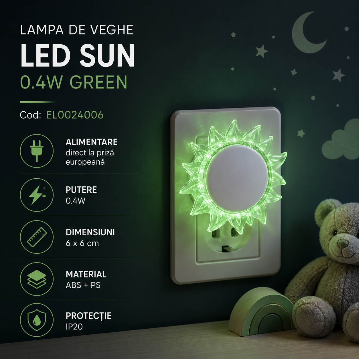 Lampa de veghe LED SUN 0.4W Green