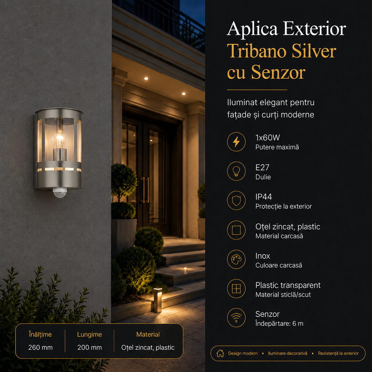 Aplica Exterior Tribano cu Senzor 1xE27 Eglo IP44