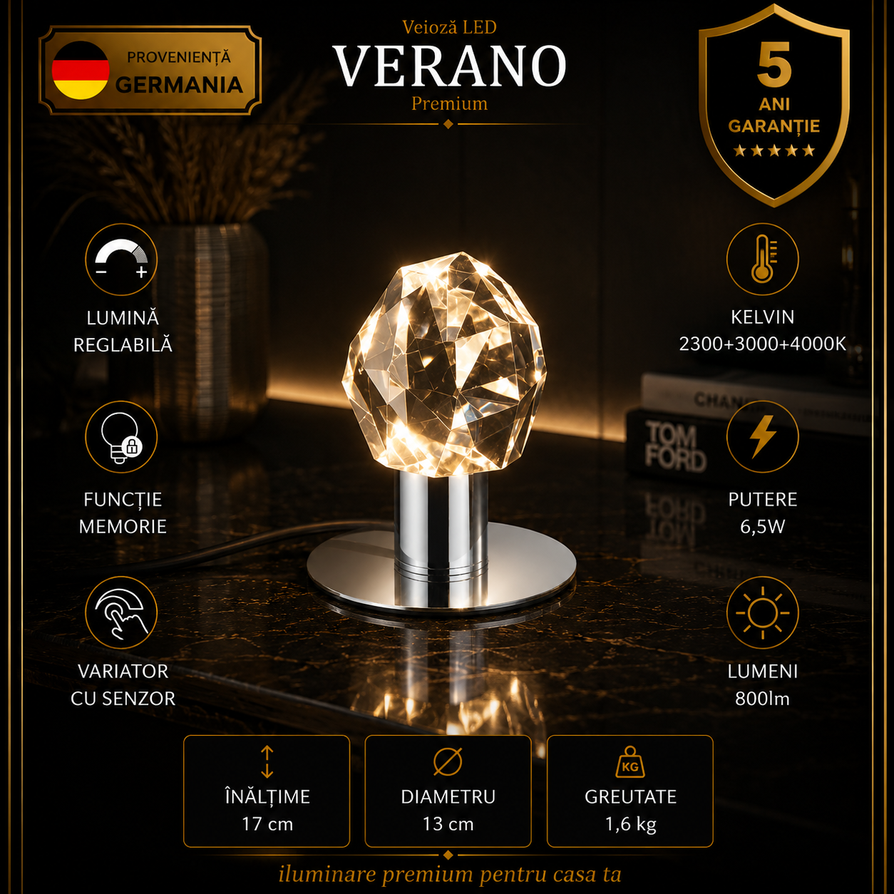 Veioza LED Premium Verano Silver Crystal 17CM