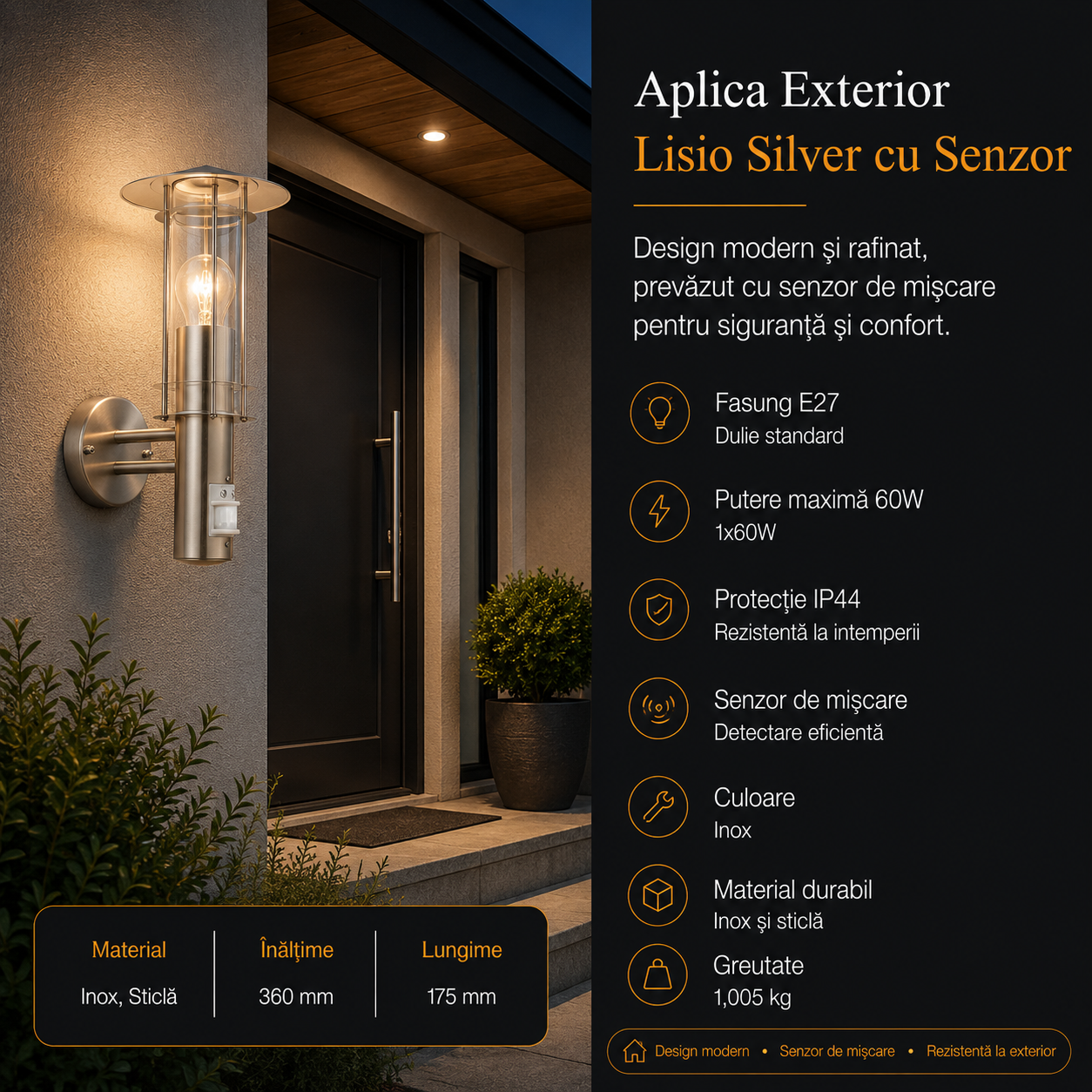 Aplica Exterior Lisio Silver cu Senzor Miscare IP44 Eglo 1xE27 Resigilat R2