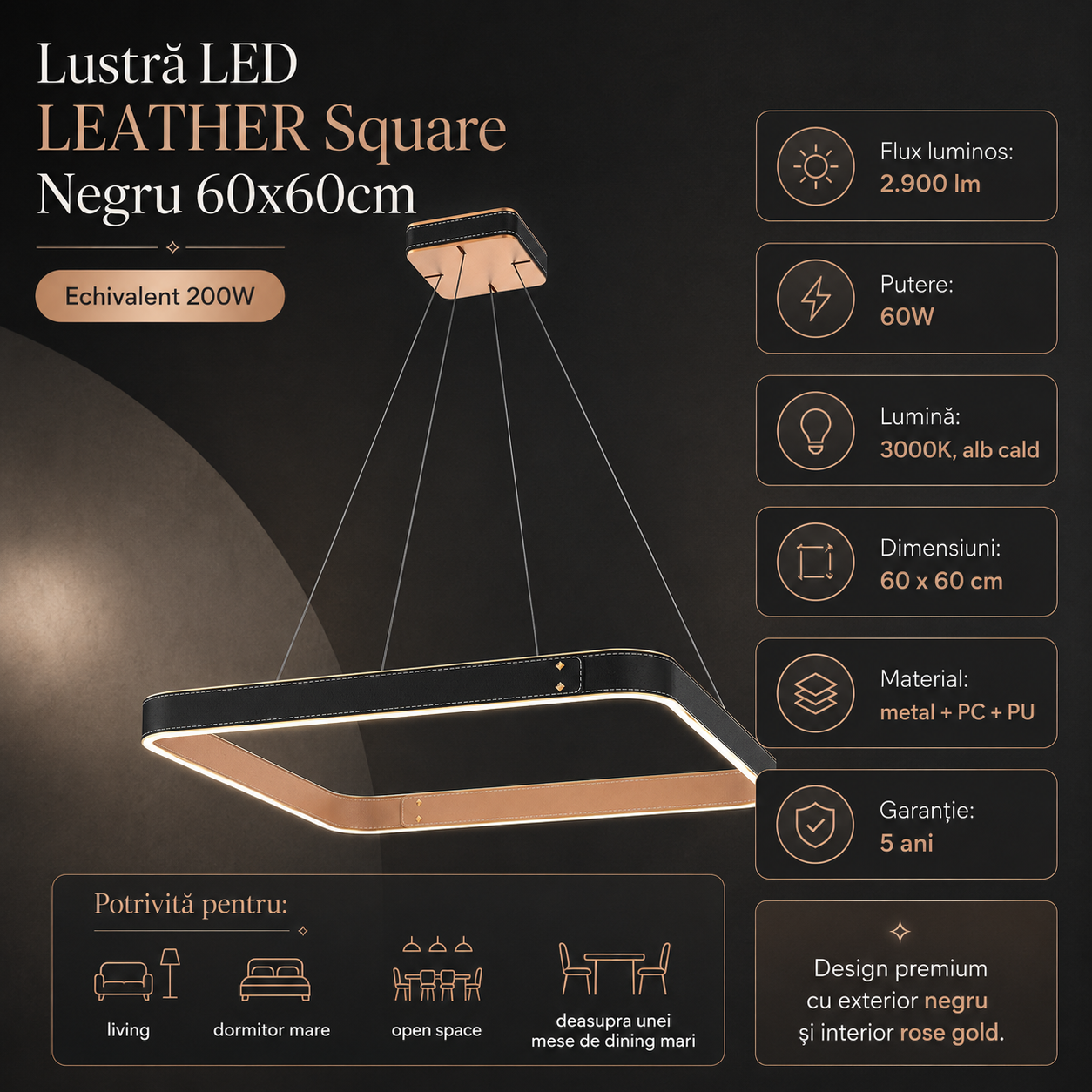 Lustra LED Suspendata LEATHER Unique. Square Black Echivalent 200W