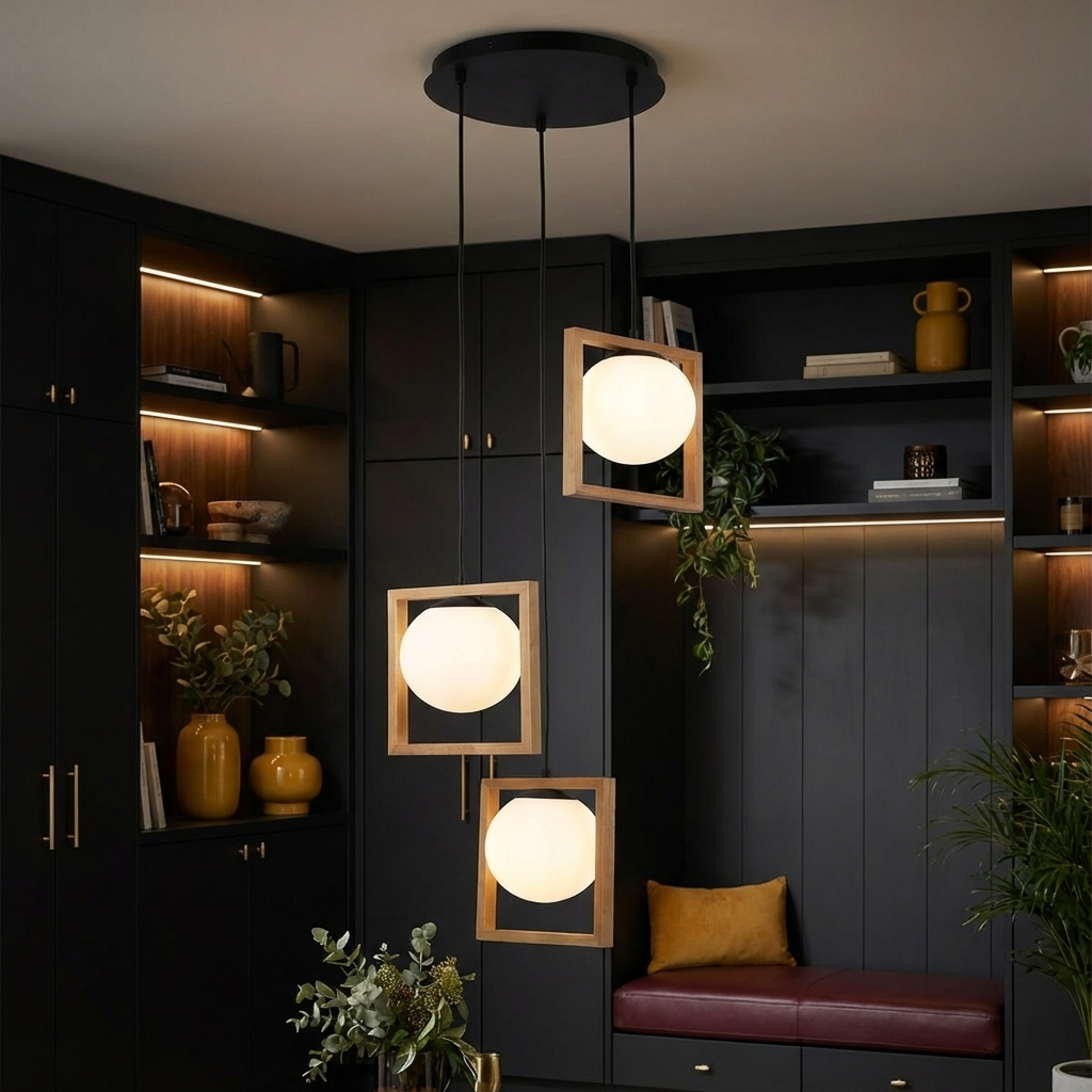 Lustra Suspendata Abajur 3xE14 INIGO Lemn