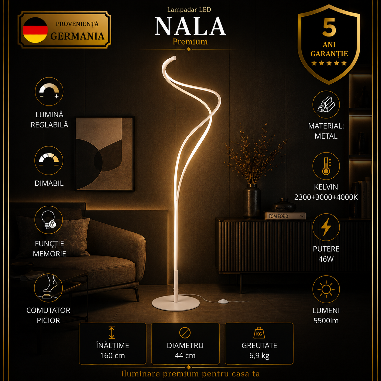 Lampadar LED Premium Nala White 160CM