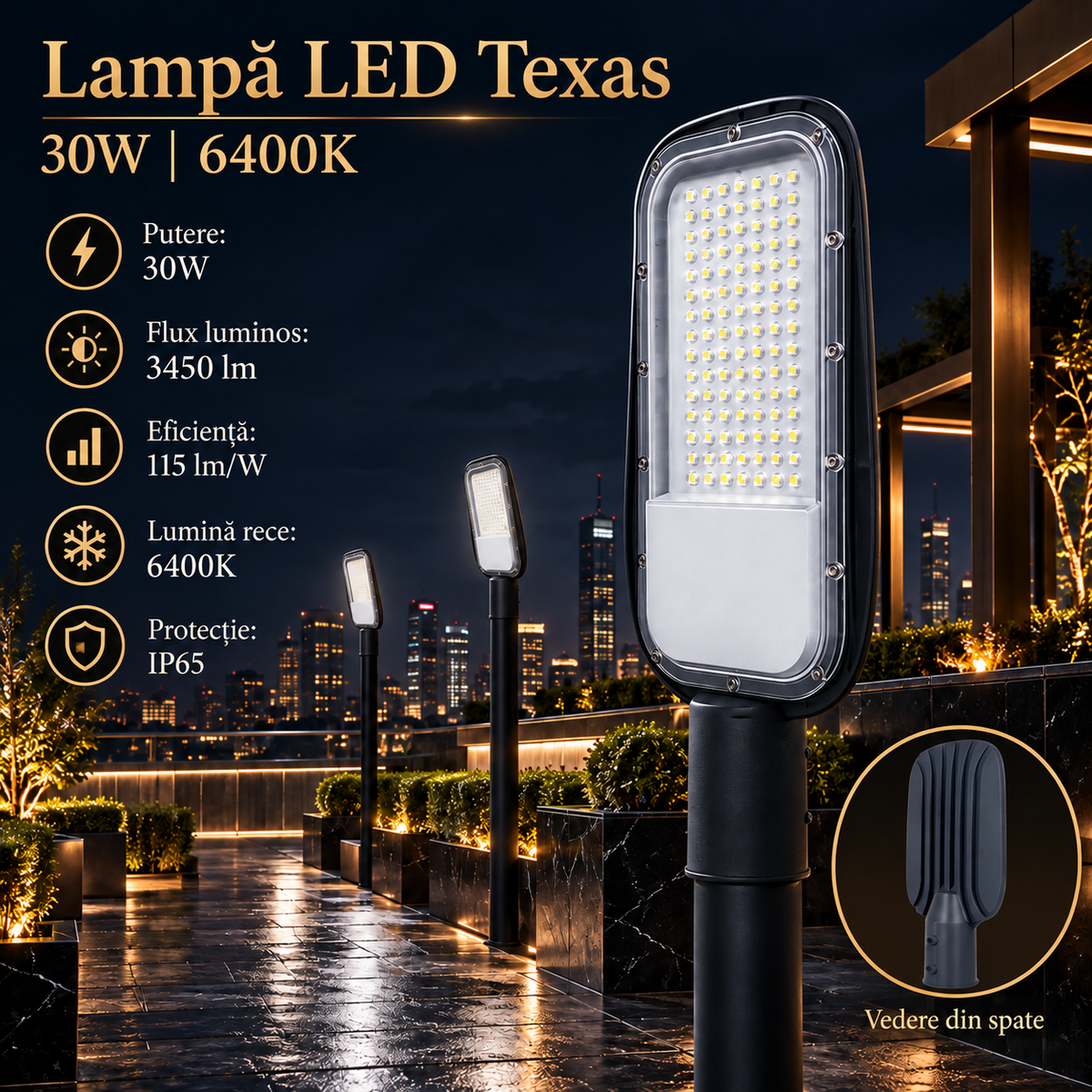 Lampa LED Iluminat Stradal Texas Black 30W | 3450lm | 6400K | IP65