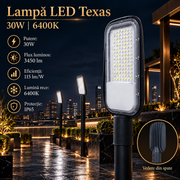 Lampa LED Iluminat Stradal Texas Black 30W | 3450lm | 6400K | IP65