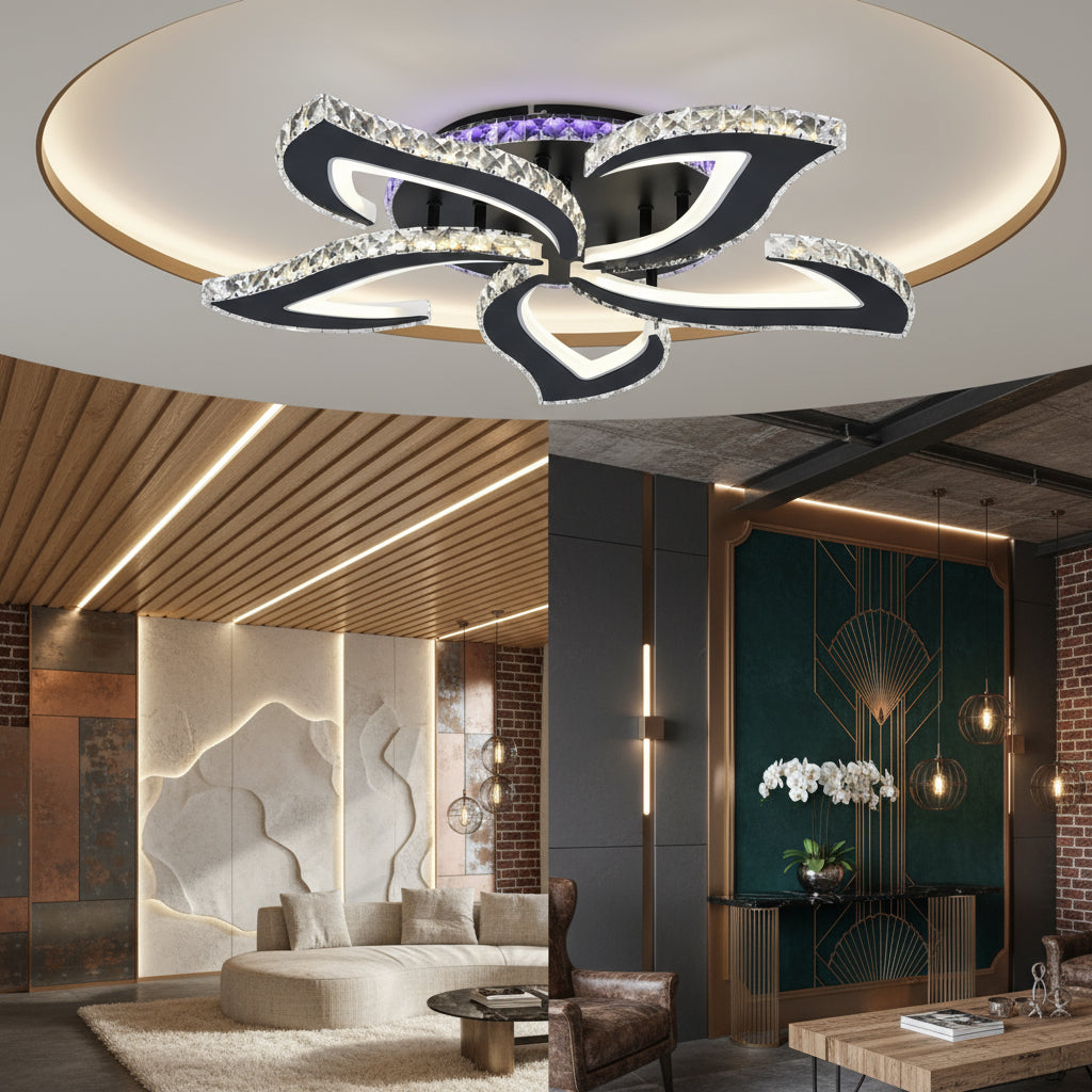 Lustra LED Camelia Cristal RGB Black Echivalent 600W Telecomanda