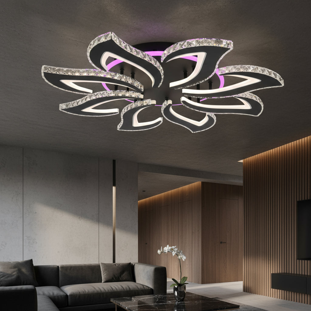 Lustra LED Camelia Grande Cristal RGB Black Echivalent 800W Telecomanda