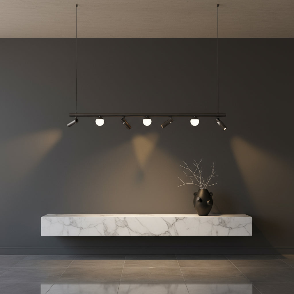 Lustra LED Suspendata Abajur cu 4 Spoturi MELI Black Echivalent 150W Telecomanda