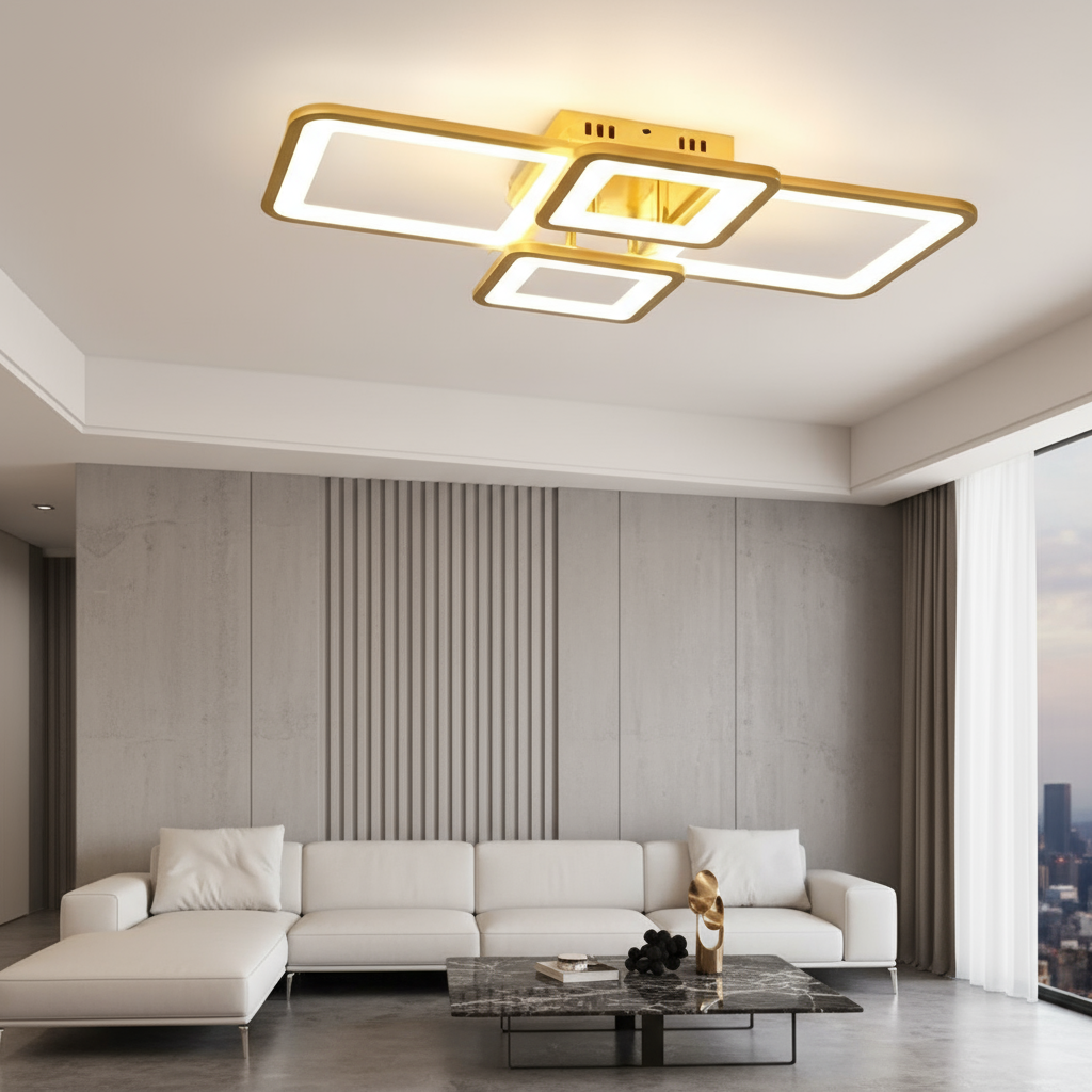 Lustra LED 4 Square LUMO Gold Echivalent 500W Telecomanda