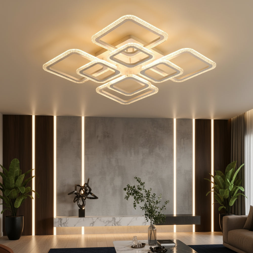 Lustra LED 4+4 Square Gigant BUBBLES WHITE Echivalent 800W Telecomanda