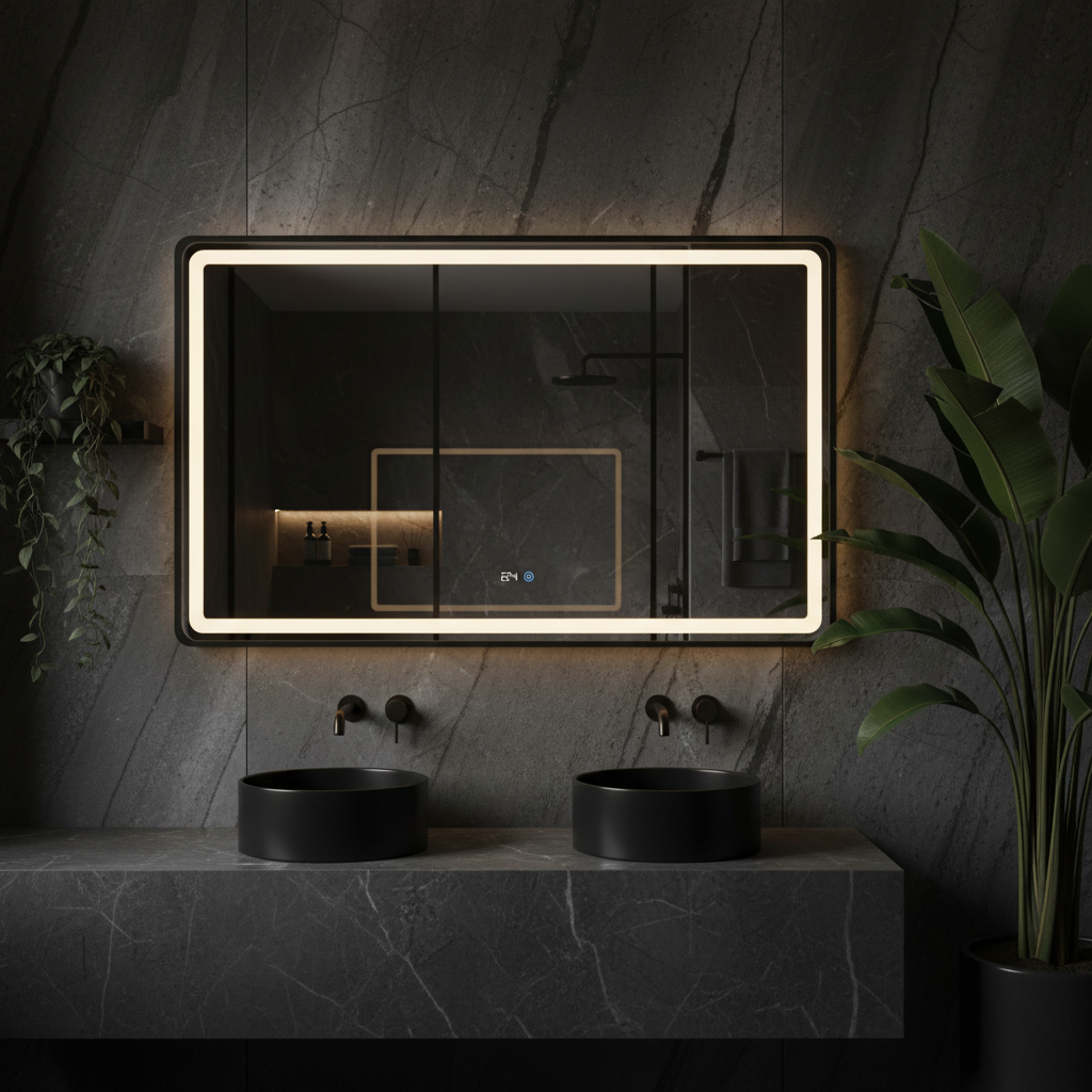 Oglinda LED 110x70CM, 3 Lumini, Dezaburire, Afisaj Timp si Temperatura OD058-101 NEGRU