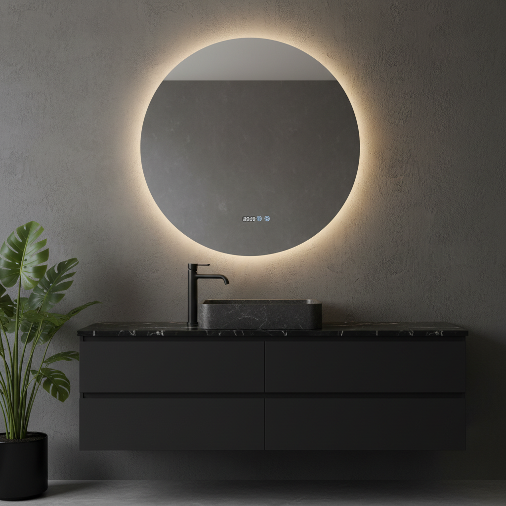 Oglinda LED Rotunda FRAMELESS 80x80CM, 3 Lumini, Dezaburire, Afisaj Timp si Temperatura OD007-80