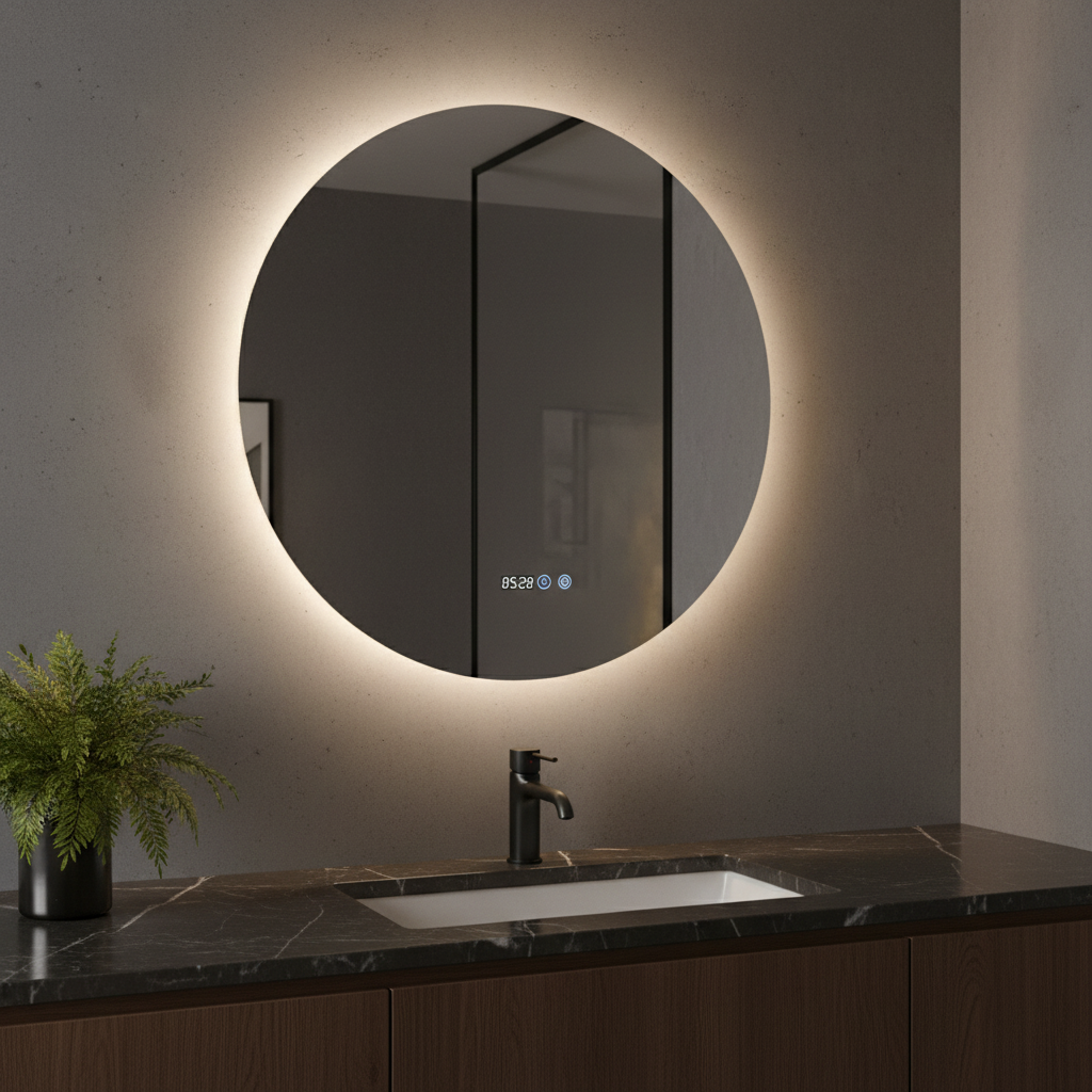 Oglinda LED Rotunda FRAMELESS 80x80CM, 3 Lumini, Dezaburire, Afisaj Timp si Temperatura OD007-80