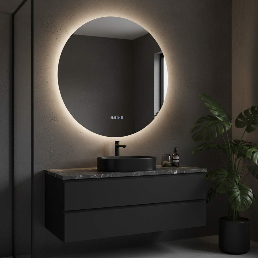 Oglinda LED Rotunda FRAMELESS 80x80CM, 3 Lumini, Dezaburire, Afisaj Timp si Temperatura OD007-80