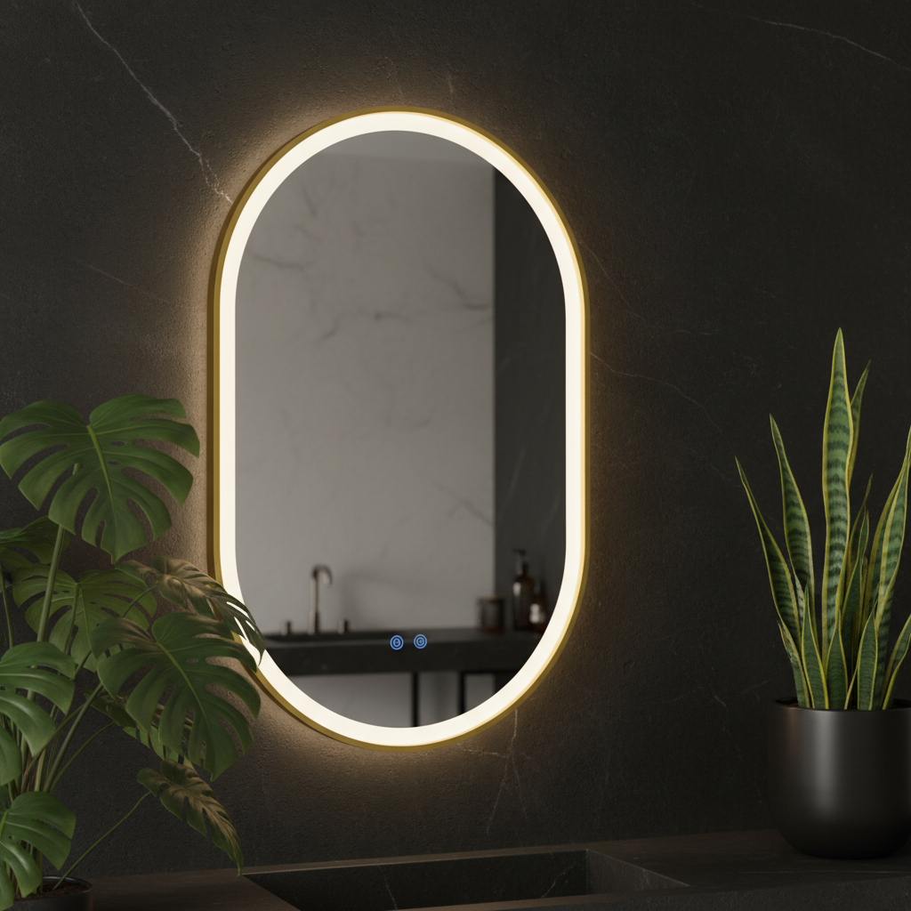 Oglinda LED Ovala 60x90CM, 3 Lumini, Dezaburire, Dimabila, OD061-100-Auriu