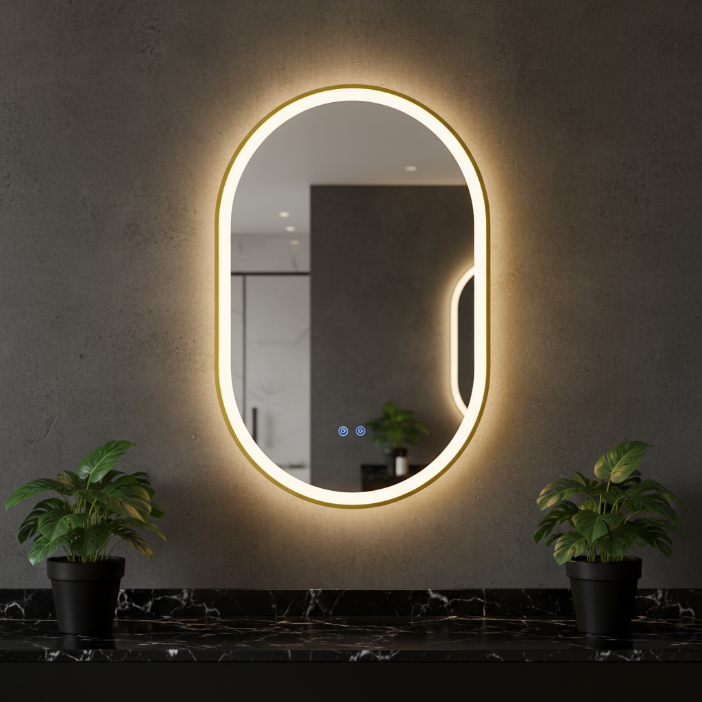 Oglinda LED Ovala 60x90CM, 3 Lumini, Dezaburire, Dimabila, OD061-100-Auriu