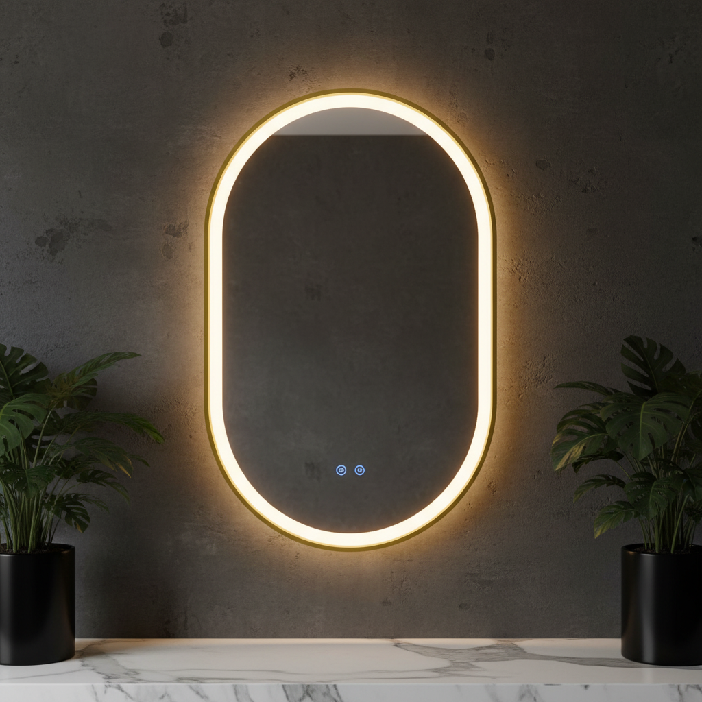 Oglinda LED Ovala 60x90CM, 3 Lumini, Dezaburire, Dimabila, OD061-100-Auriu