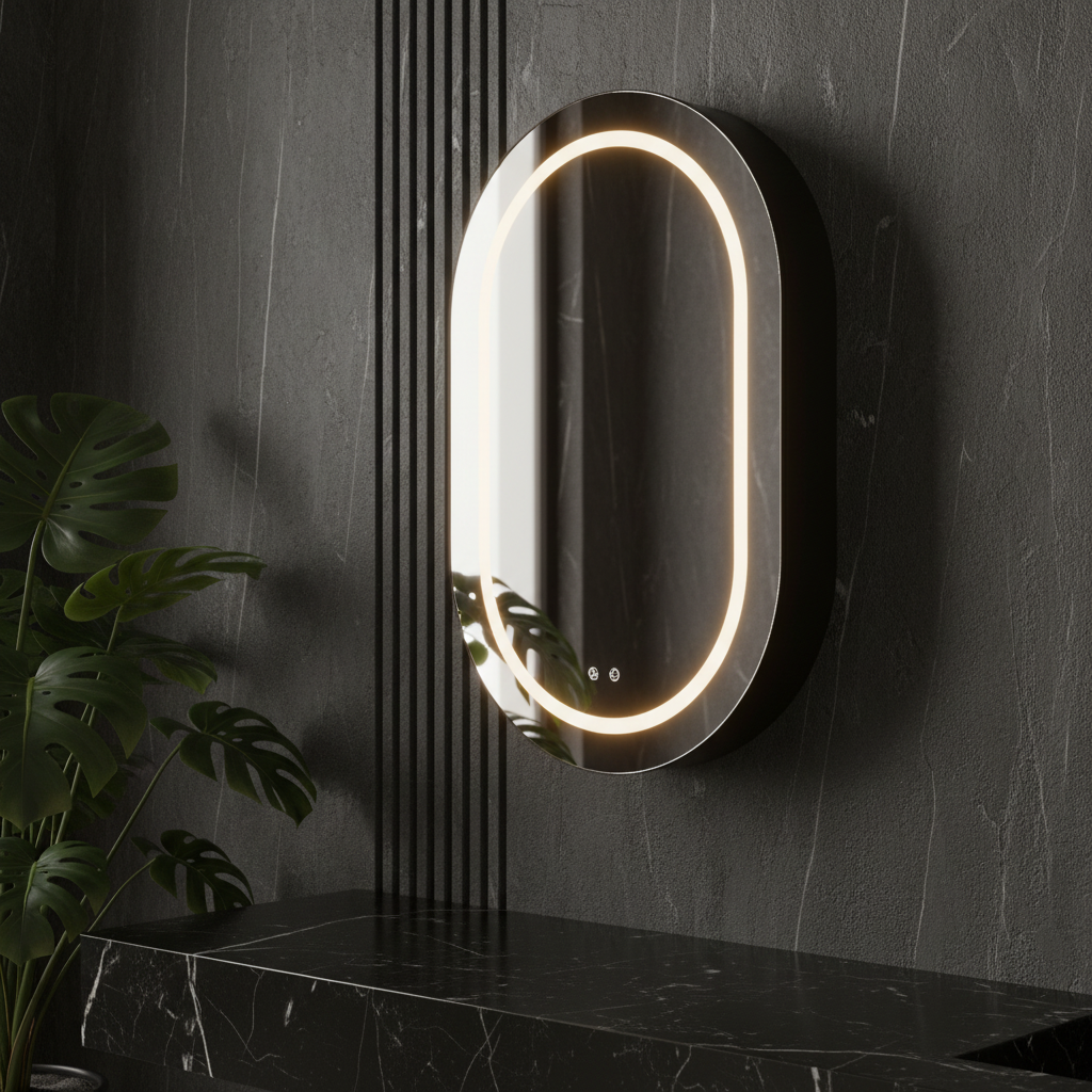 Dulap Baie cu Oglinda LED Ovala VisioLED 60x90cm 3 Lumini si Dezaburire