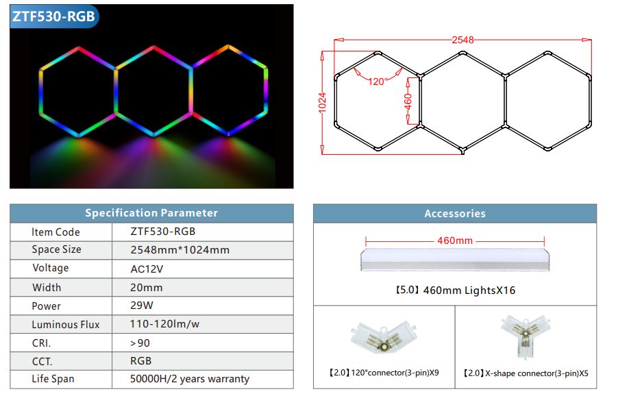 HoneyComb LED Hexagon Luminos RGB SMART 250cm X 100cm