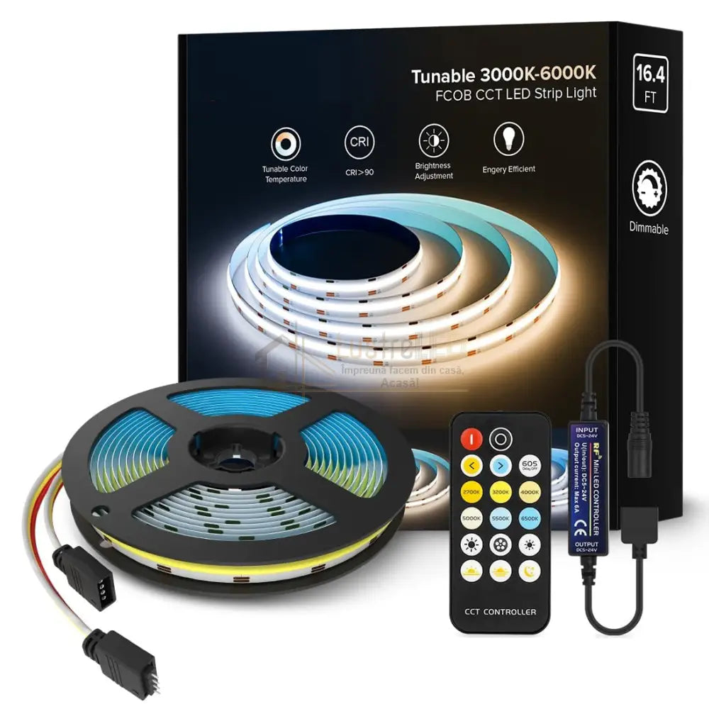 KIT Banda LED, CCT, cu Telecomanda, 3 Tipuri de Lumina, 5m, 15W/m, 24V, Transformator 72W lustreled.ro