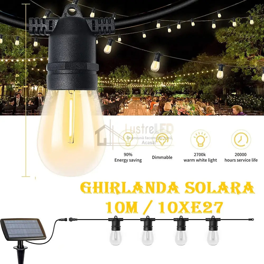 Kit Complet Ghirlanda Solara 10M / 10Xe27 Becuri Incluse Solar Light Rope