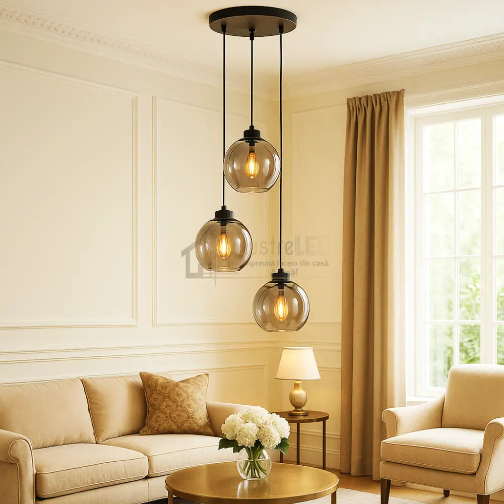 Lustra Abajur Fumuriu FIORE Suport Rotund 3xE27 NEAGRA / ABAJUR Chandeliers
