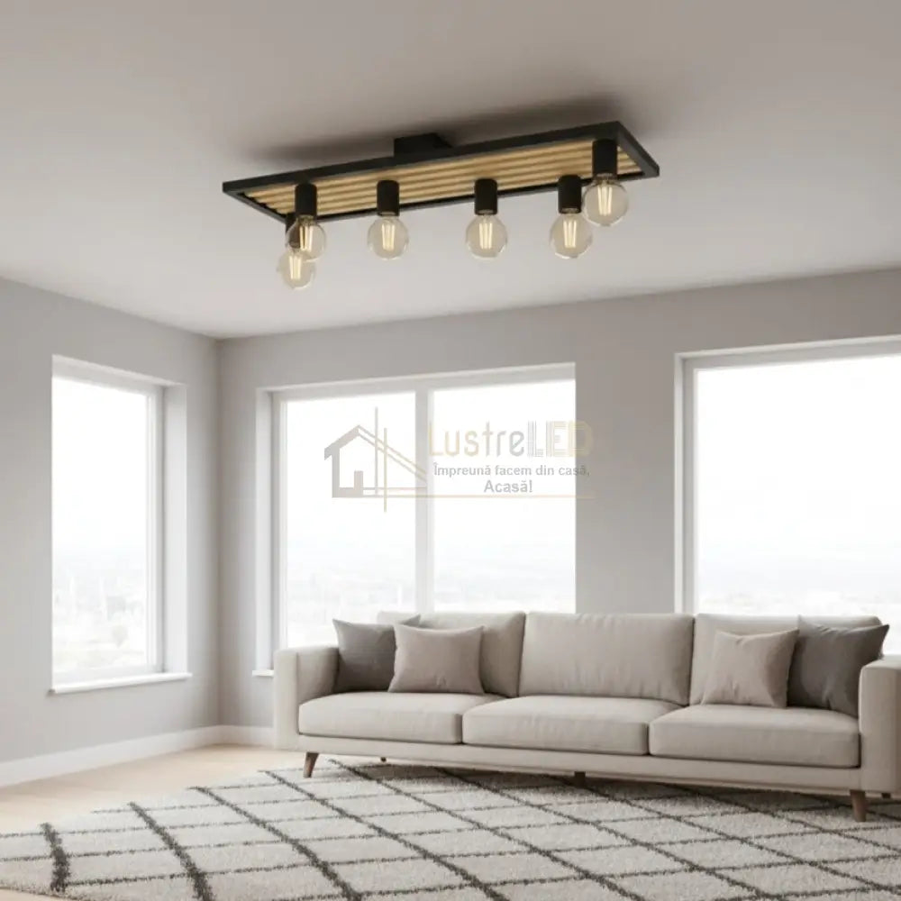Lustra CONSETT Black & Wood 6xE27 Eglo Lighting Fixtures